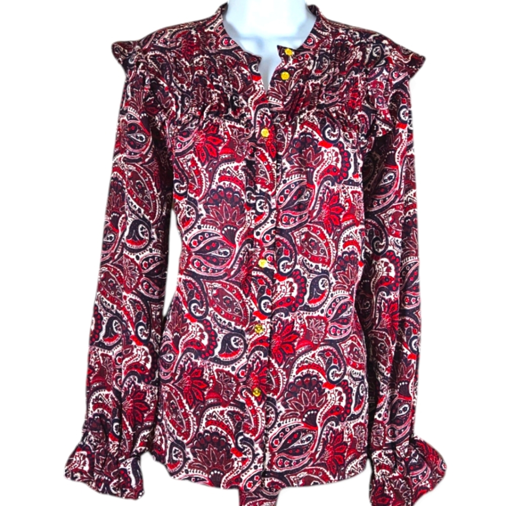 NWOT Michael Kors red black paisley ruffle blouse top Womens Medium